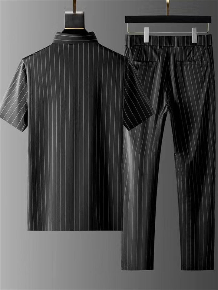 Men's 2Pcs Summer Cool Polo Collar Short Sleeve Solid Color Stripe Outfits