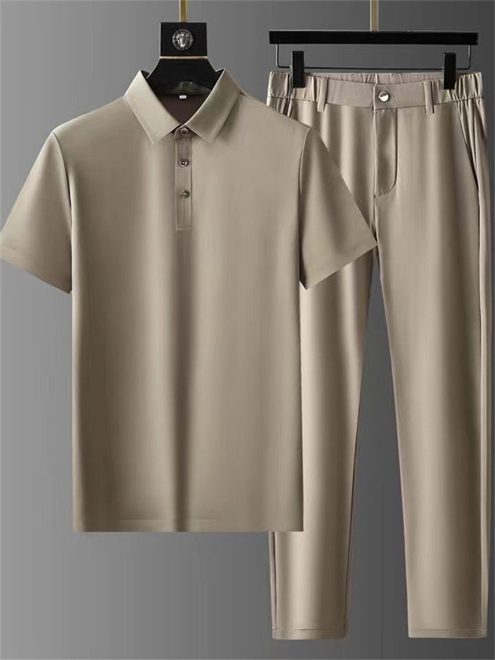 Men's 2Pcs Summer Cool Polo Collar Short Sleeve Solid Color Stripe Outfits