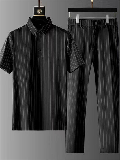 Men's 2Pcs Summer Cool Polo Collar Short Sleeve Solid Color Stripe Outfits