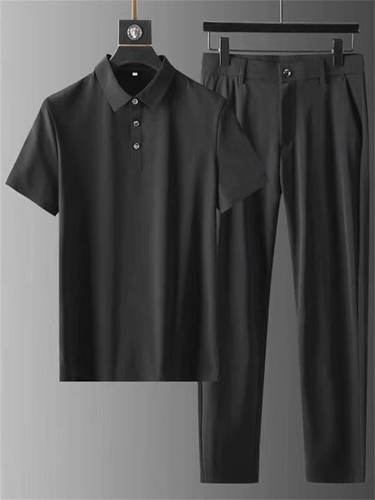 Men's 2Pcs Summer Cool Polo Collar Short Sleeve Solid Color Stripe Outfits