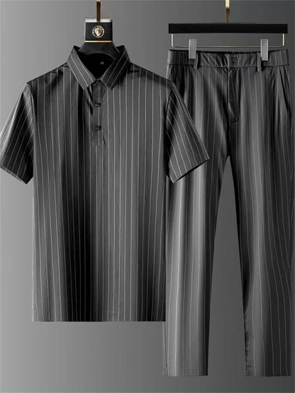Men's 2Pcs Summer Cool Polo Collar Short Sleeve Solid Color Stripe Outfits
