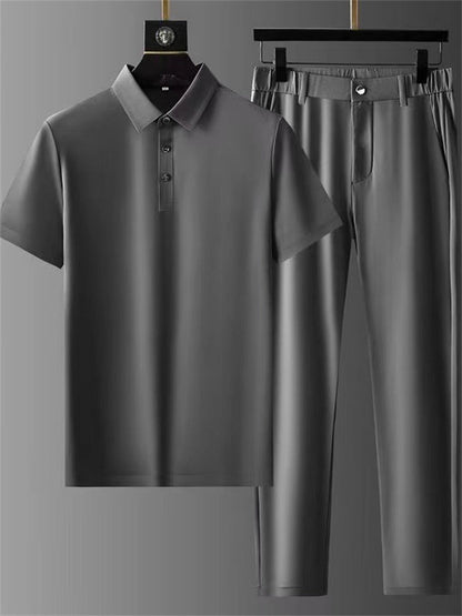 Men's 2Pcs Summer Cool Polo Collar Short Sleeve Solid Color Stripe Outfits