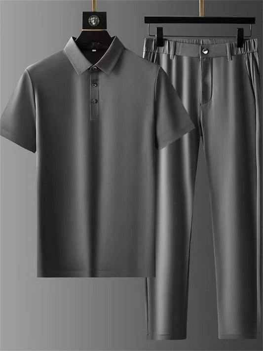 Men's 2Pcs Summer Cool Polo Collar Short Sleeve Solid Color Stripe Outfits