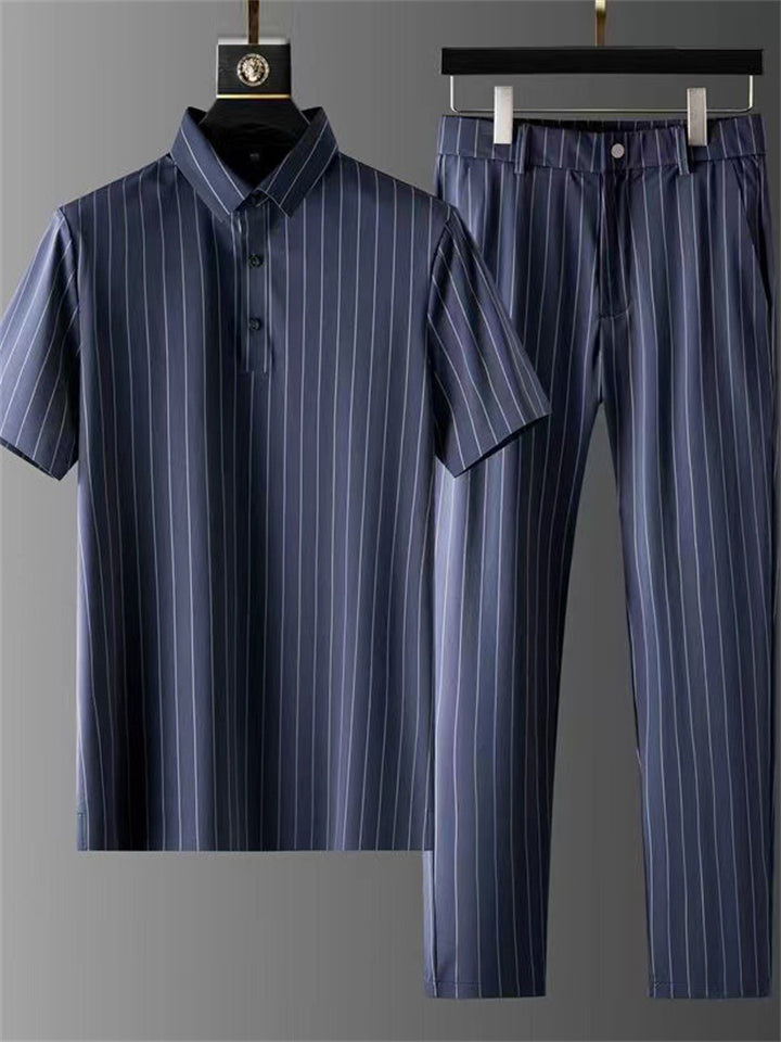 Men's 2Pcs Summer Cool Polo Collar Short Sleeve Solid Color Stripe Outfits